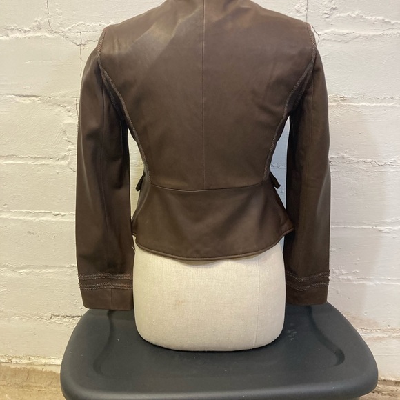 BCBGMAXAZRIA Women’s Brown Leather Crop Military Jacket with Plaid Detailing. - Picture 5 of 11